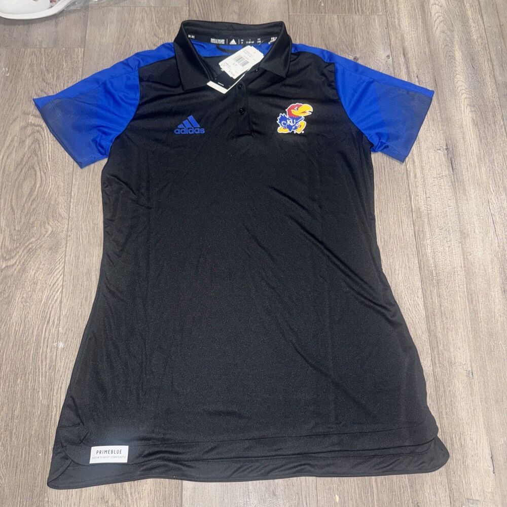 Kansas Jayhawks adidas Primeblue Polo Women's Black/Blue LT Larger Tall NWT